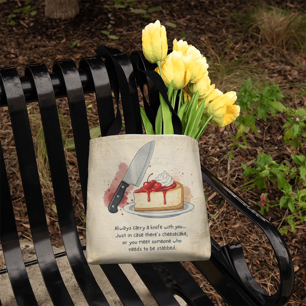 Funny Cheesecake Tote Bag – Humorous Knife & Dessert Quote Gift for Food Lovers, Bakers & Sarcastic Friends