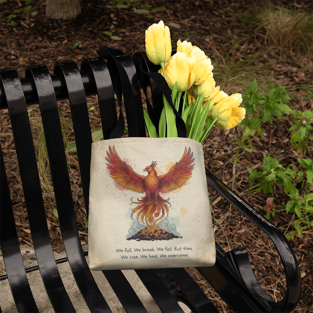 Phoenix Rise Tote Bag – Inspirational We Rise We Heal We Overcome Quote | Strength, Healing & Resilience Gift