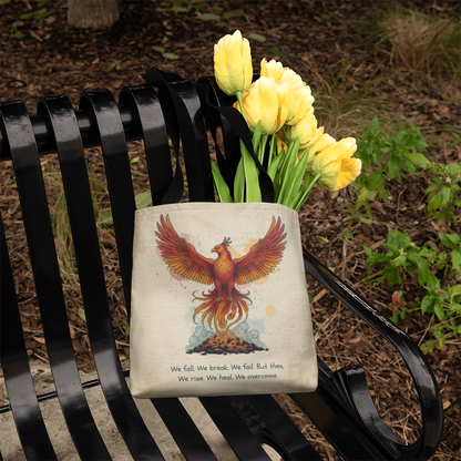 Phoenix Rise Tote Bag – Inspirational We Rise We Heal We Overcome Quote | Strength, Healing & Resilience Gift