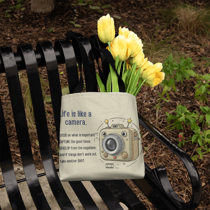 “Life Is Like a Camera” motivational tote bag with retro camera design