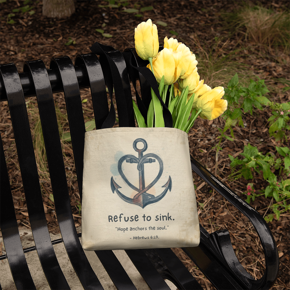 Heart-shaped anchor Hebrews 6:19 inspirational tote