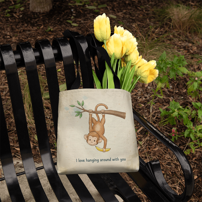 Cute Monkey Tote Bag – I Love Hanging Around With You | Adorable Pun Gift for Kids, Friends & Loved Ones