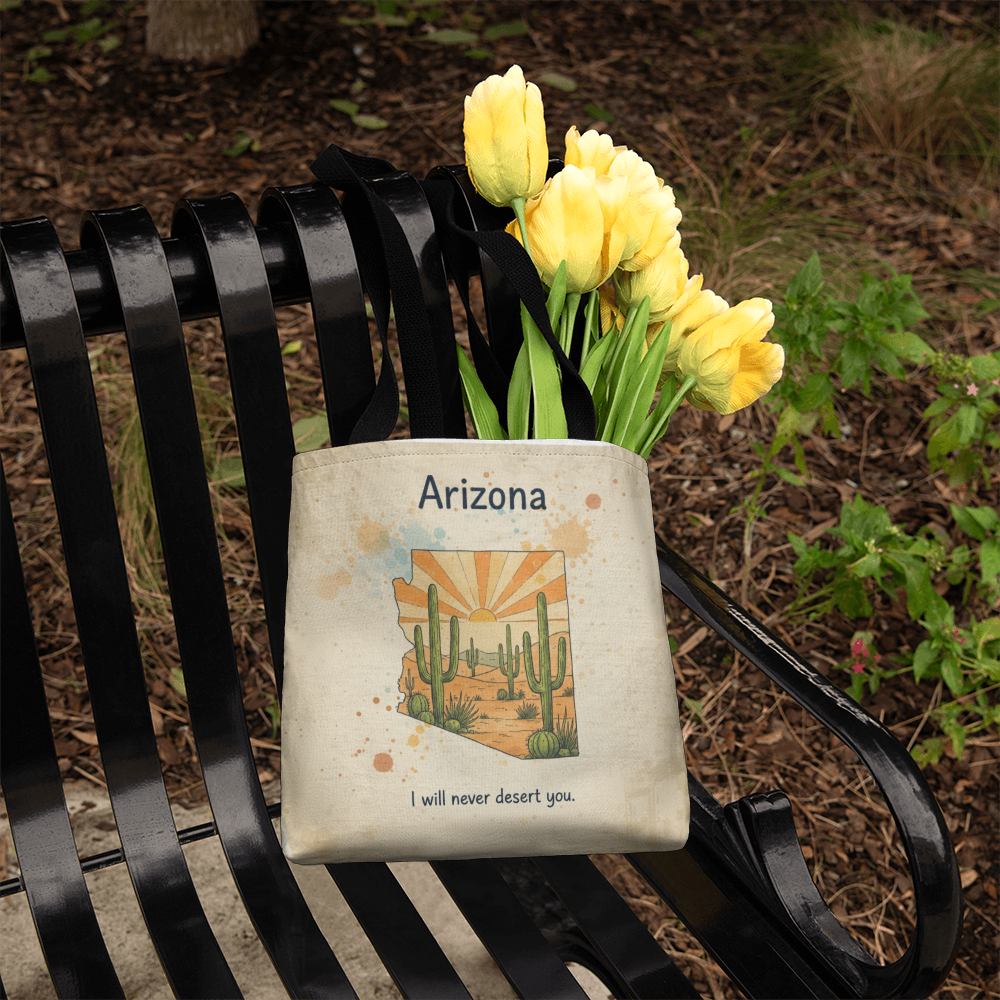Southwest desert pun tote bag with Arizona state outline
