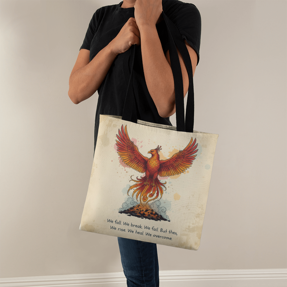 Phoenix Rise Tote Bag – Inspirational We Rise We Heal We Overcome Quote | Strength, Healing & Resilience Gift
