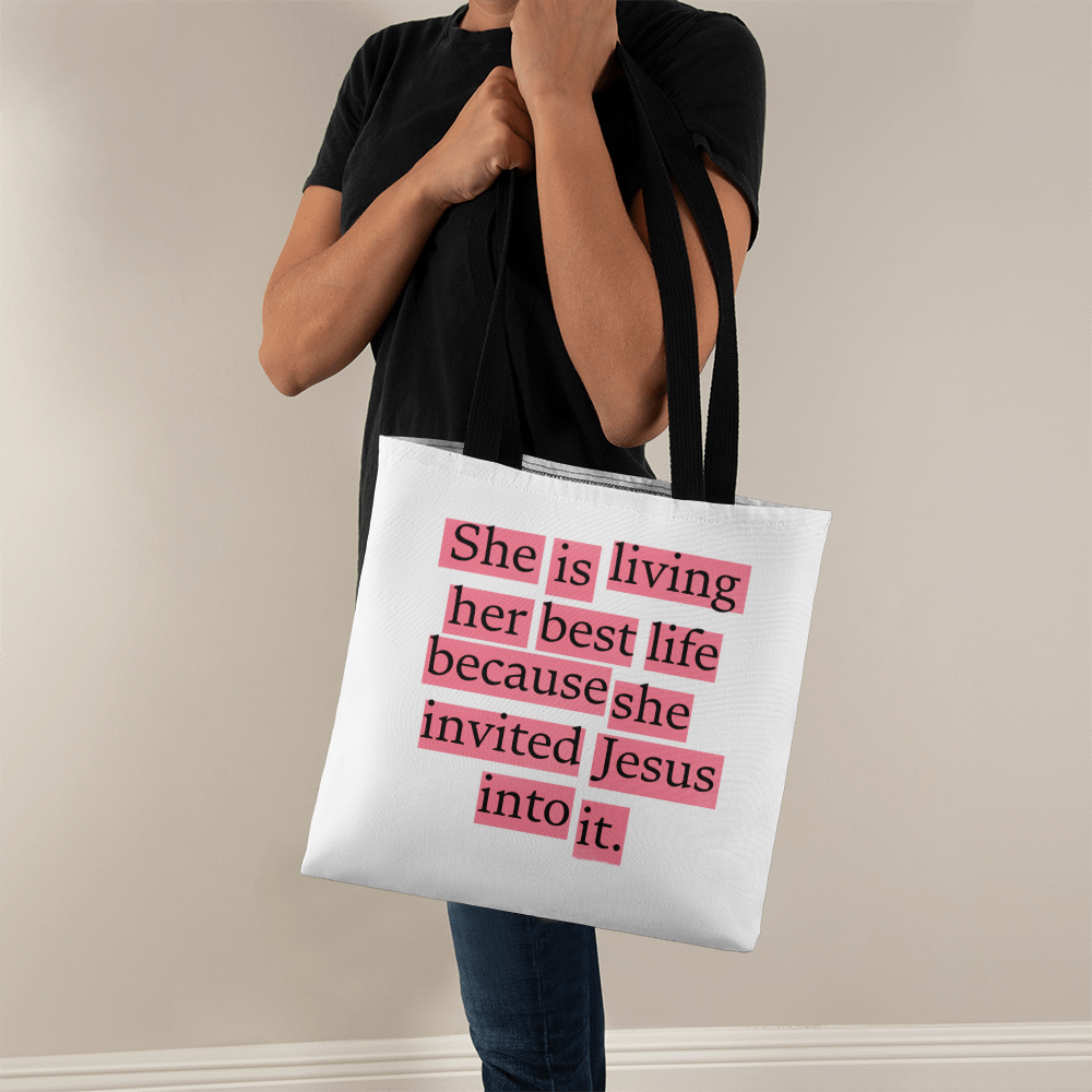 Christian quote tote folded in packaging with ribbon, ready for gifting.