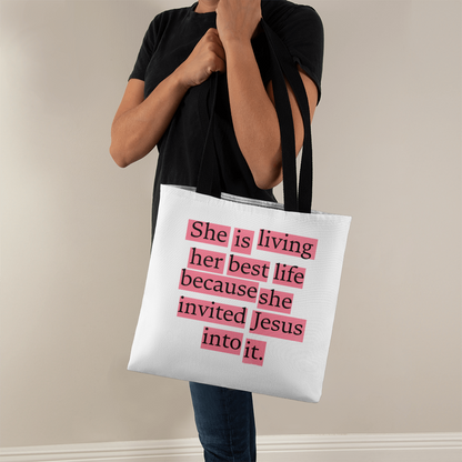 Christian quote tote folded in packaging with ribbon, ready for gifting.