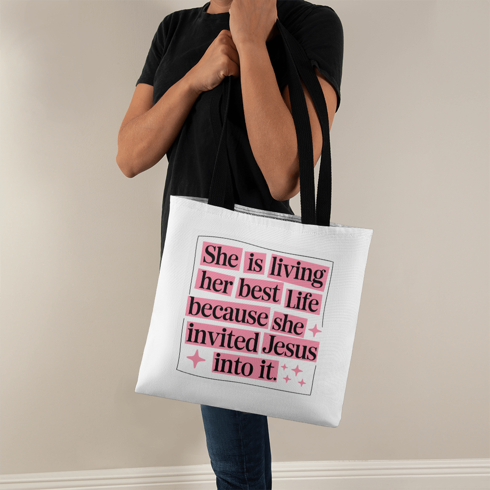 She Is Living Her Best Life” Christian Quote Tote Bag – Faith & Inspiration Carryall