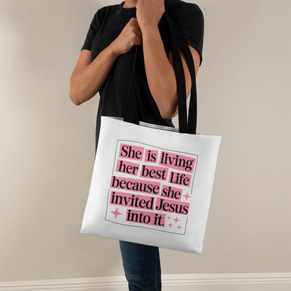 She Is Living Her Best Life” Christian Quote Tote Bag – Faith & Inspiration Carryall