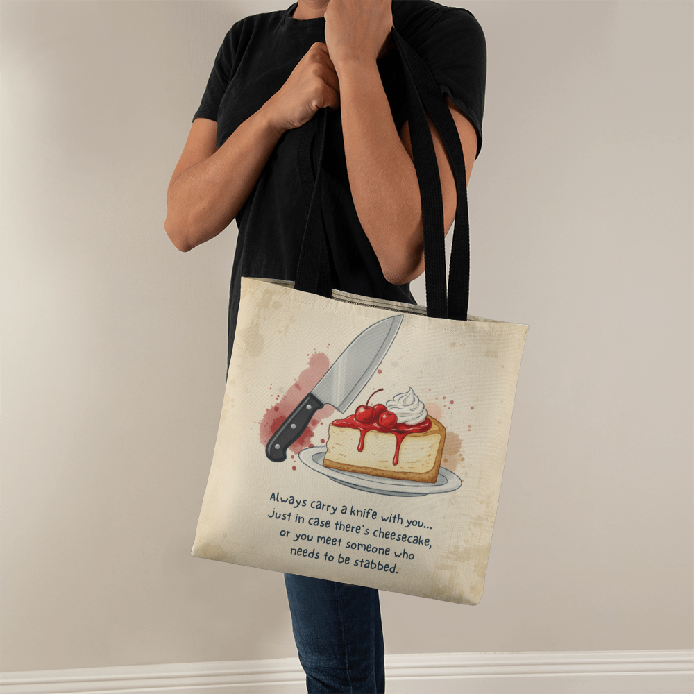 Funny Cheesecake Tote Bag – Humorous Knife & Dessert Quote Gift for Food Lovers, Bakers & Sarcastic Friends