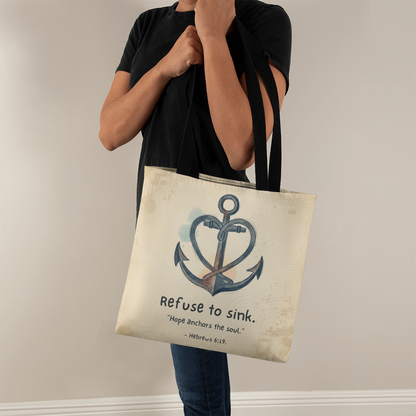 Christian quote tote bag with heart anchor artwork
