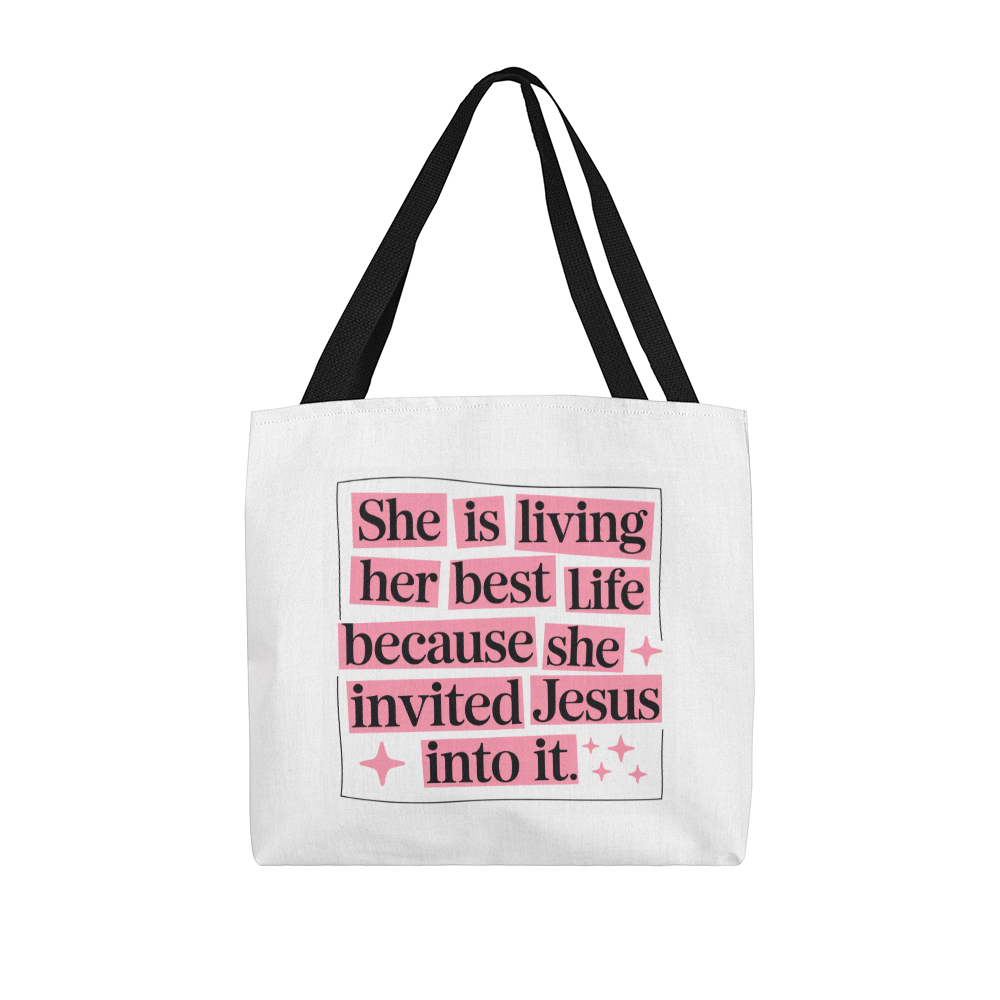 She Is Living Her Best Life” Christian Quote Tote Bag – Faith & Inspiration Carryall