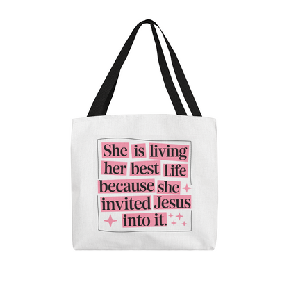 She Is Living Her Best Life” Christian Quote Tote Bag – Faith & Inspiration Carryall