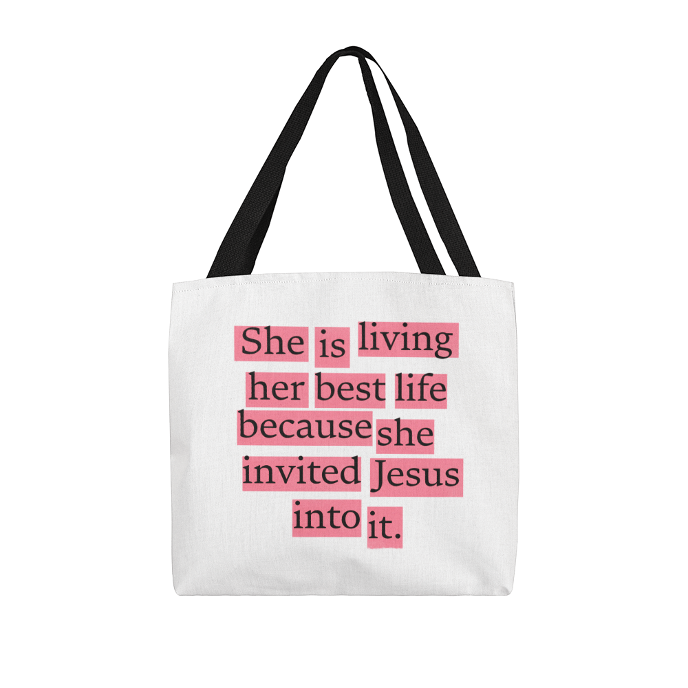 Faith tote bag carried by woman on casual outing, expressing joy and gratitude.