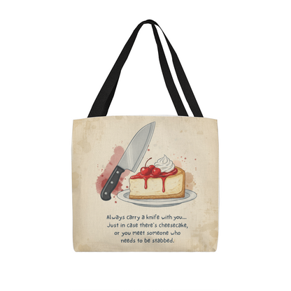 Funny Cheesecake Tote Bag – Humorous Knife & Dessert Quote Gift for Food Lovers, Bakers & Sarcastic Friends