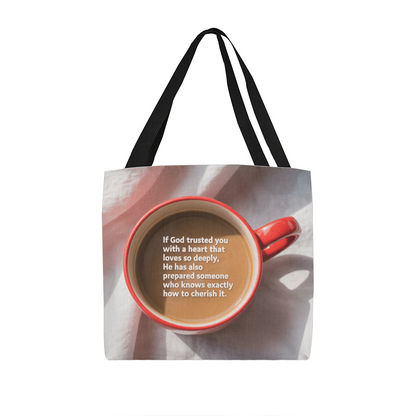 Close-up of printed quote on polyester tote with cotton straps