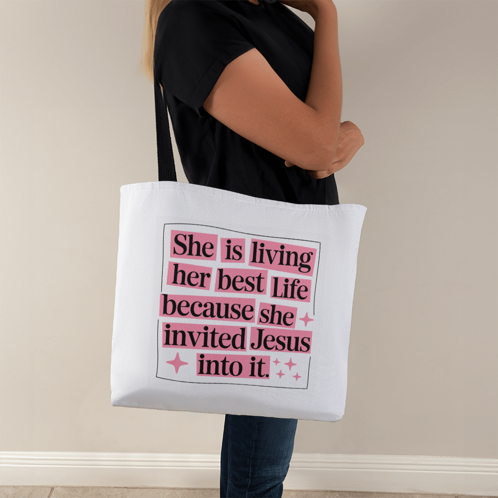 She Is Living Her Best Life” Christian Quote Tote Bag – Faith & Inspiration Carryall