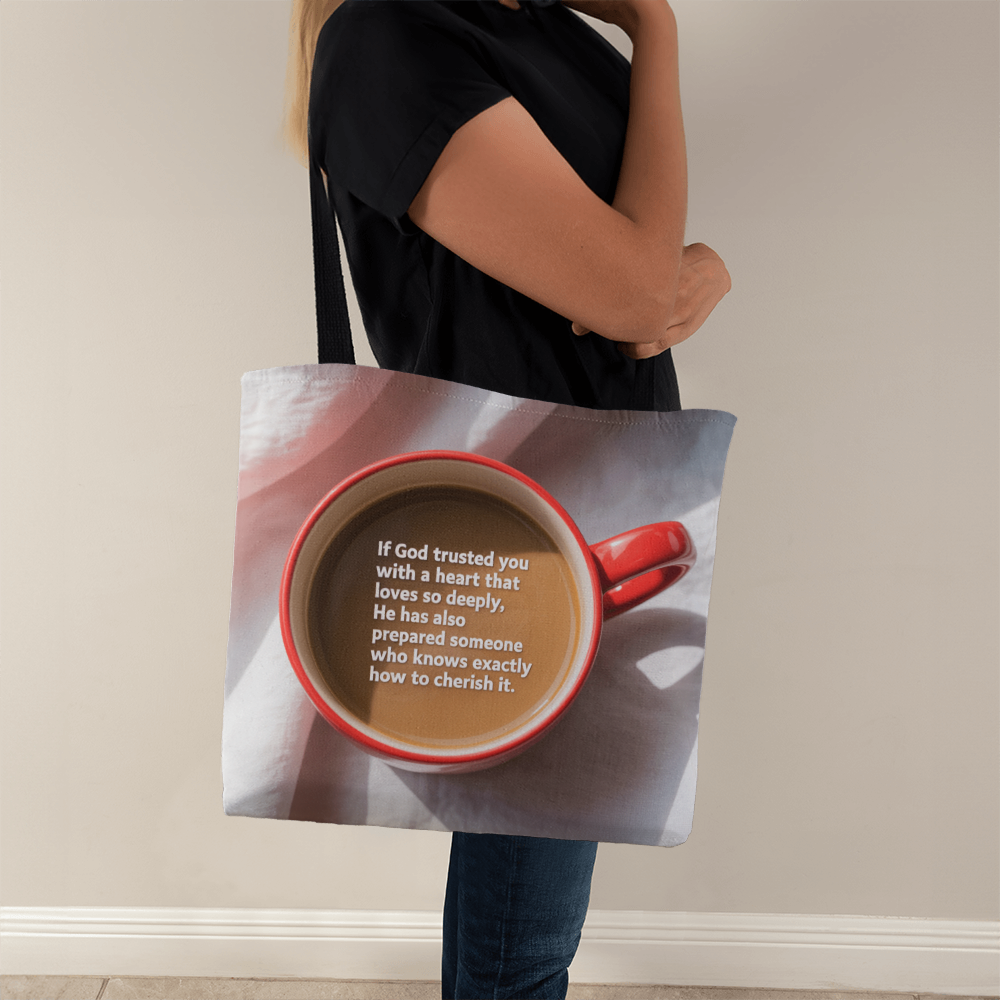 Minimalist faith quote tote styled on neutral background
