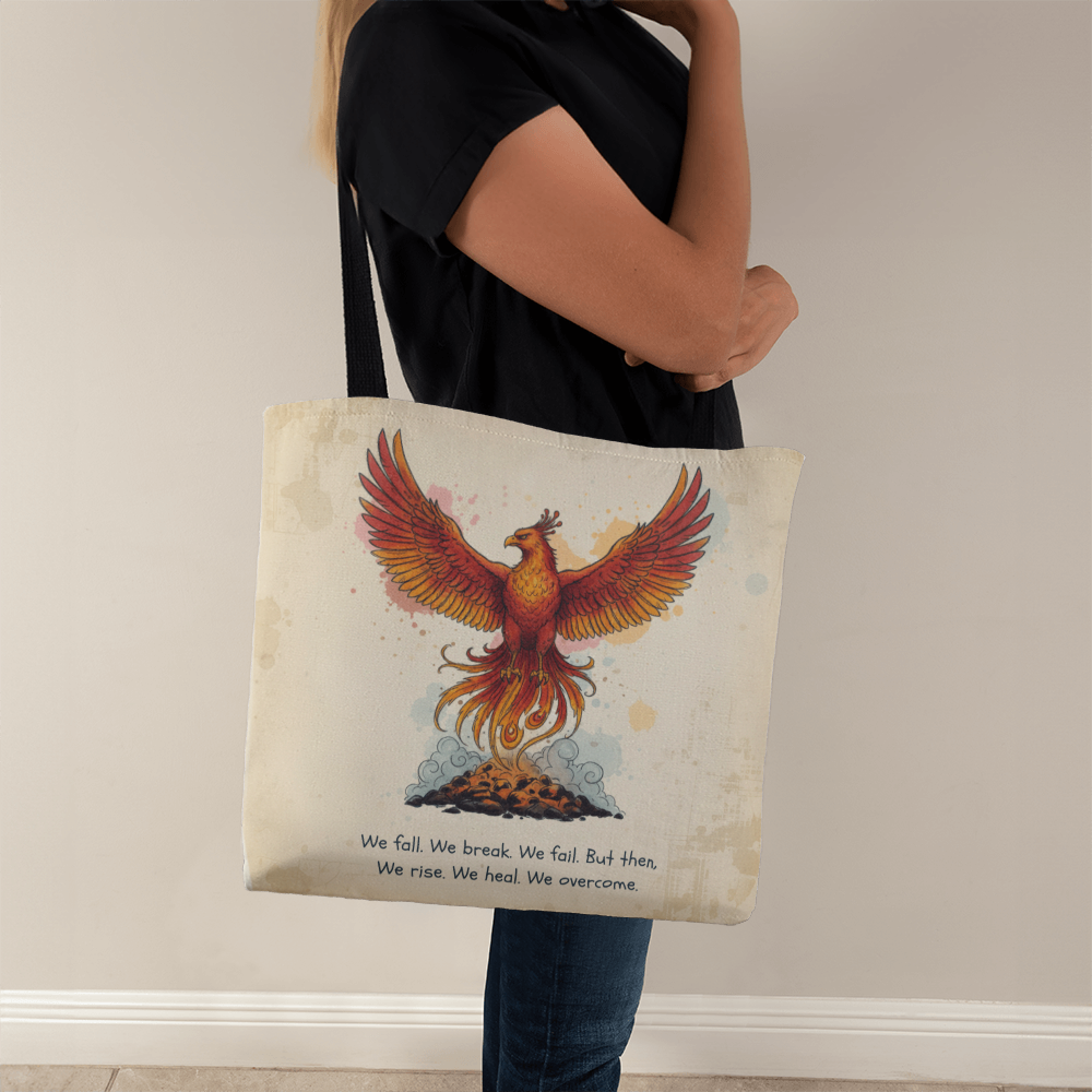 Phoenix Rise Tote Bag – Inspirational We Rise We Heal We Overcome Quote | Strength, Healing & Resilience Gift