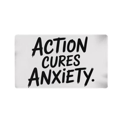 “Action Cures Anxiety” motivational gaming mat on modern desk setup