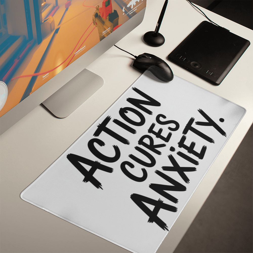 Close-up of bold typography on black motivational desk pad
