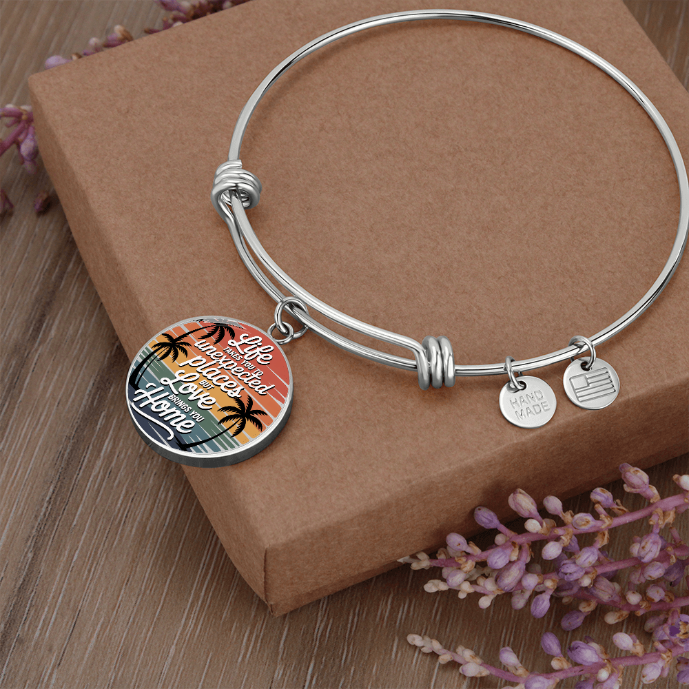 California Sunset Quote Bracelet – “Life Takes You to Unexpected Places, Love Brings You Home” Circle Pendant Bangle
