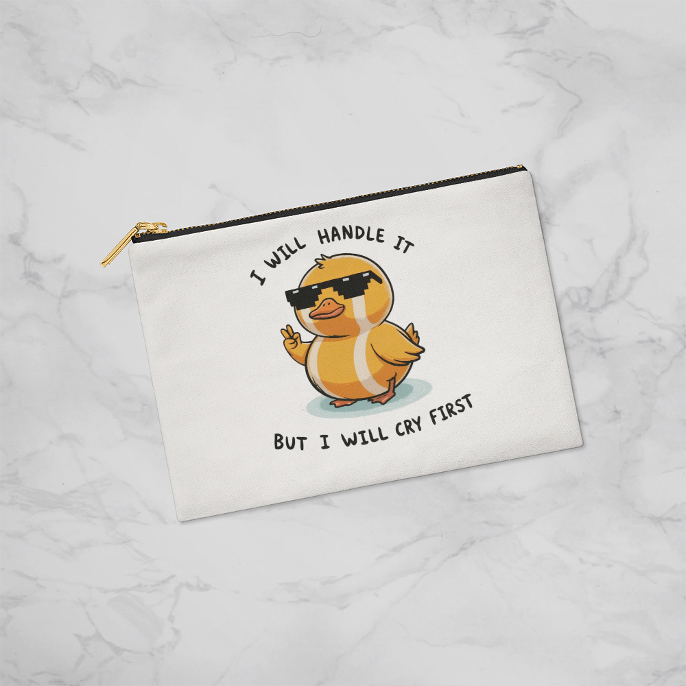 Emotional support pouch with crying joke and duck illustration