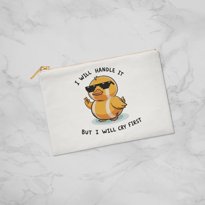 Duck pouch with humorous crying quote and retro pixel glasses