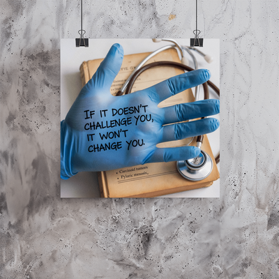 Inspirational healthcare wall art with gloved hand and stethoscope