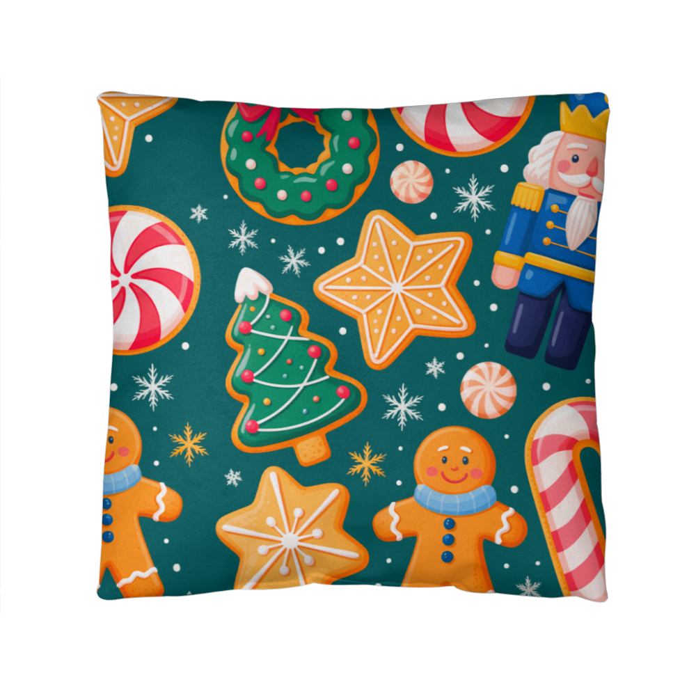 Christmas Pattern Outdoor Pillow | Festive Gingerbread & Nutcracker Holiday Cushion