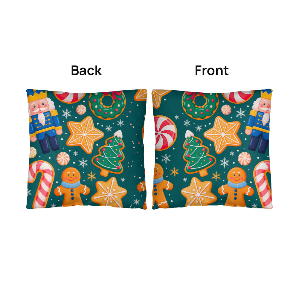 Christmas Pattern Outdoor Pillow | Festive Gingerbread & Nutcracker Holiday Cushion