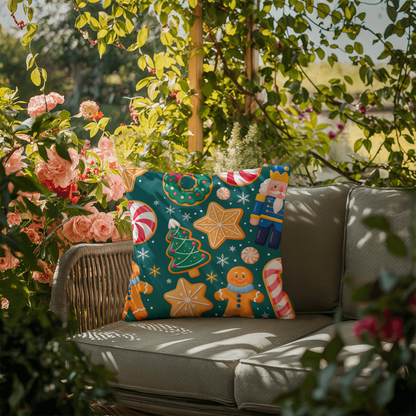 Christmas Pattern Outdoor Pillow | Festive Gingerbread & Nutcracker Holiday Cushion
