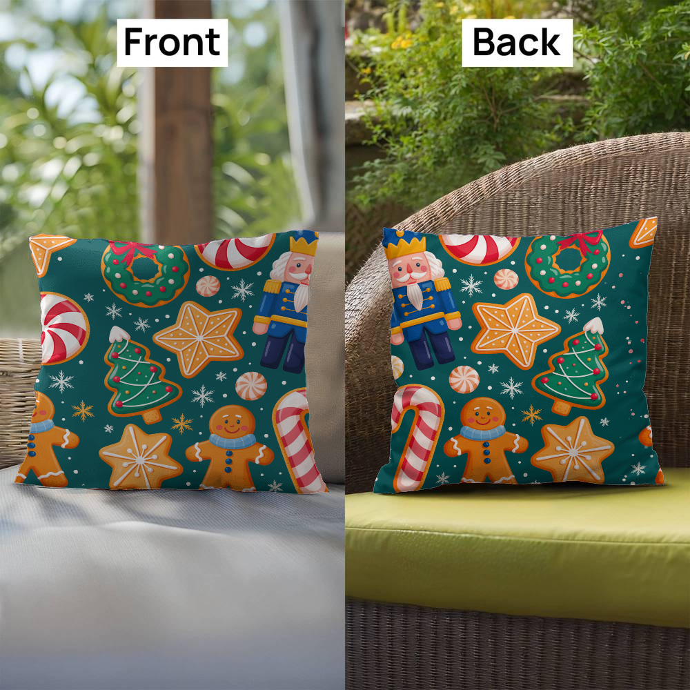Christmas Pattern Outdoor Pillow | Festive Gingerbread & Nutcracker Holiday Cushion