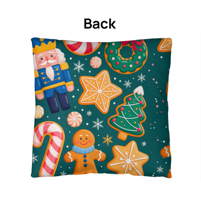 Christmas Pattern Outdoor Pillow | Festive Gingerbread & Nutcracker Holiday Cushion