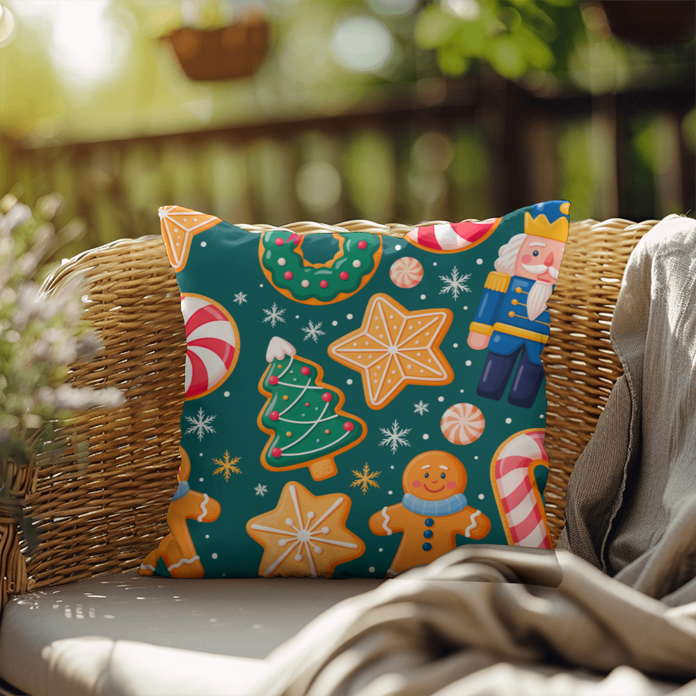 Christmas Pattern Outdoor Pillow | Festive Gingerbread & Nutcracker Holiday Cushion