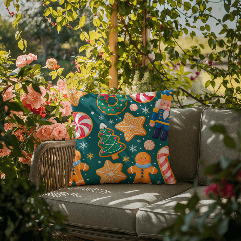 Christmas Pattern Outdoor Pillow | Festive Gingerbread & Nutcracker Holiday Cushion