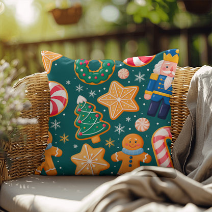 Christmas Pattern Outdoor Pillow | Festive Gingerbread & Nutcracker Holiday Cushion