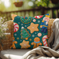 Water-resistant holiday pillow with nutcracker icons