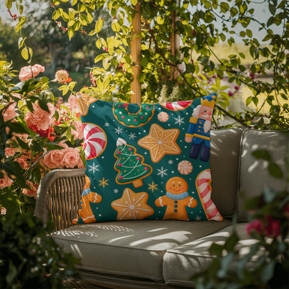 Christmas Pattern Outdoor Pillow | Festive Gingerbread & Nutcracker Holiday Cushion