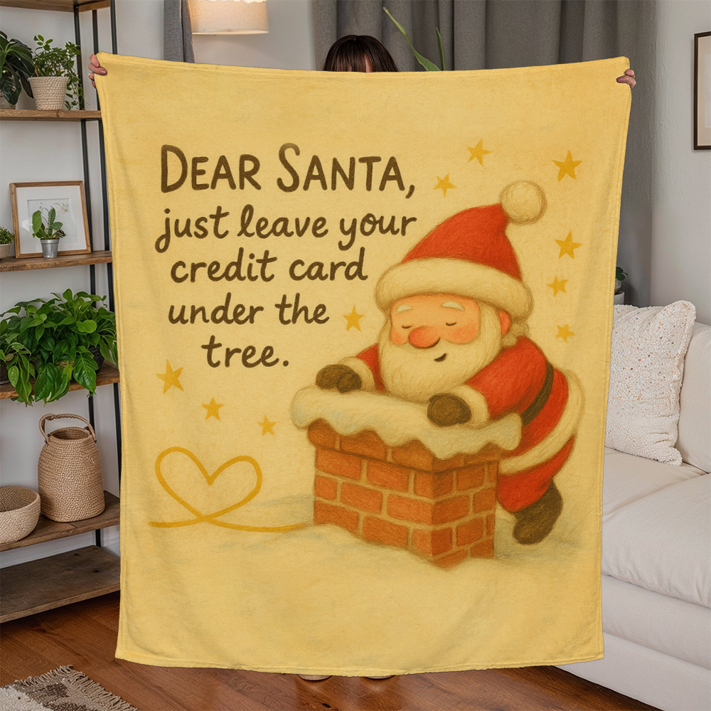 Santa climbing into chimney illustration on holiday blanket