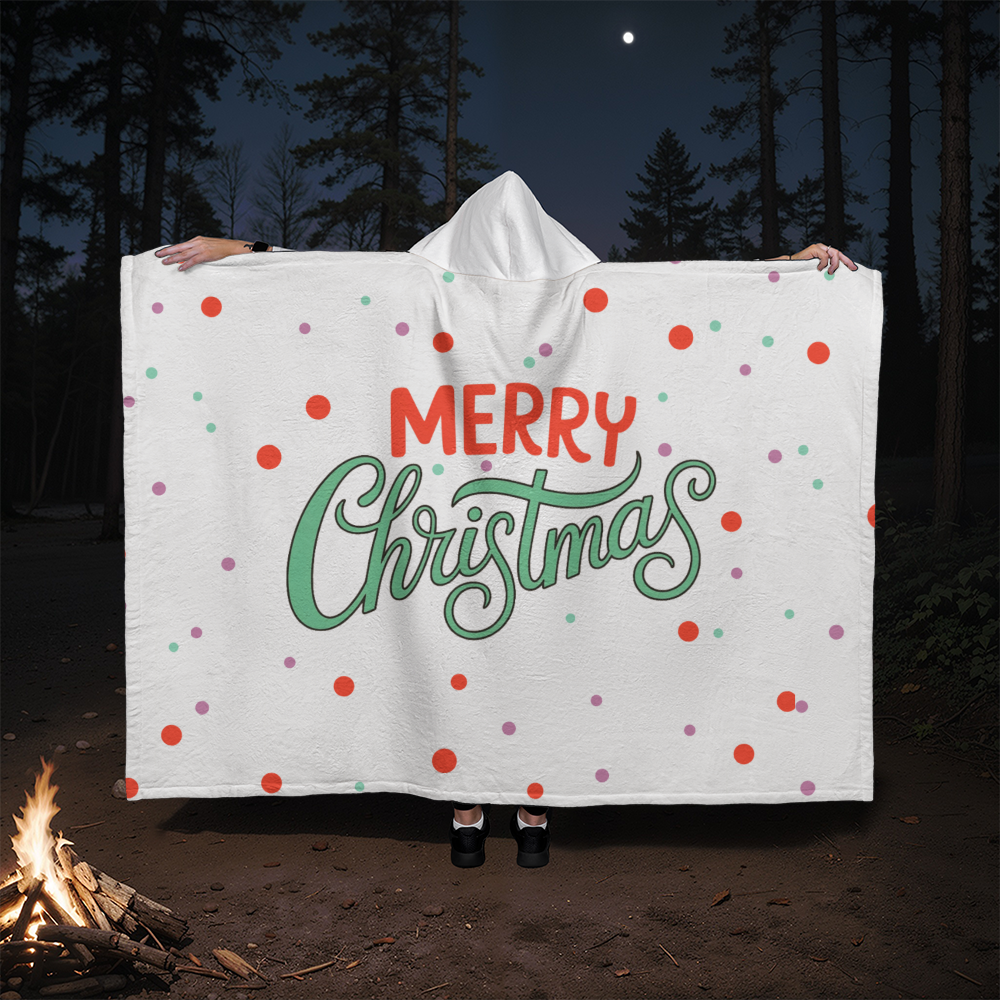 Merry Christmas Hooded Sherpa Fleece Blanket | Cozy Holiday Throw | Christmas Polka Dot Blanket