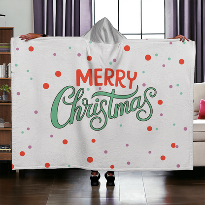 Merry Christmas Hooded Sherpa Fleece Blanket | Cozy Holiday Throw | Christmas Polka Dot Blanket