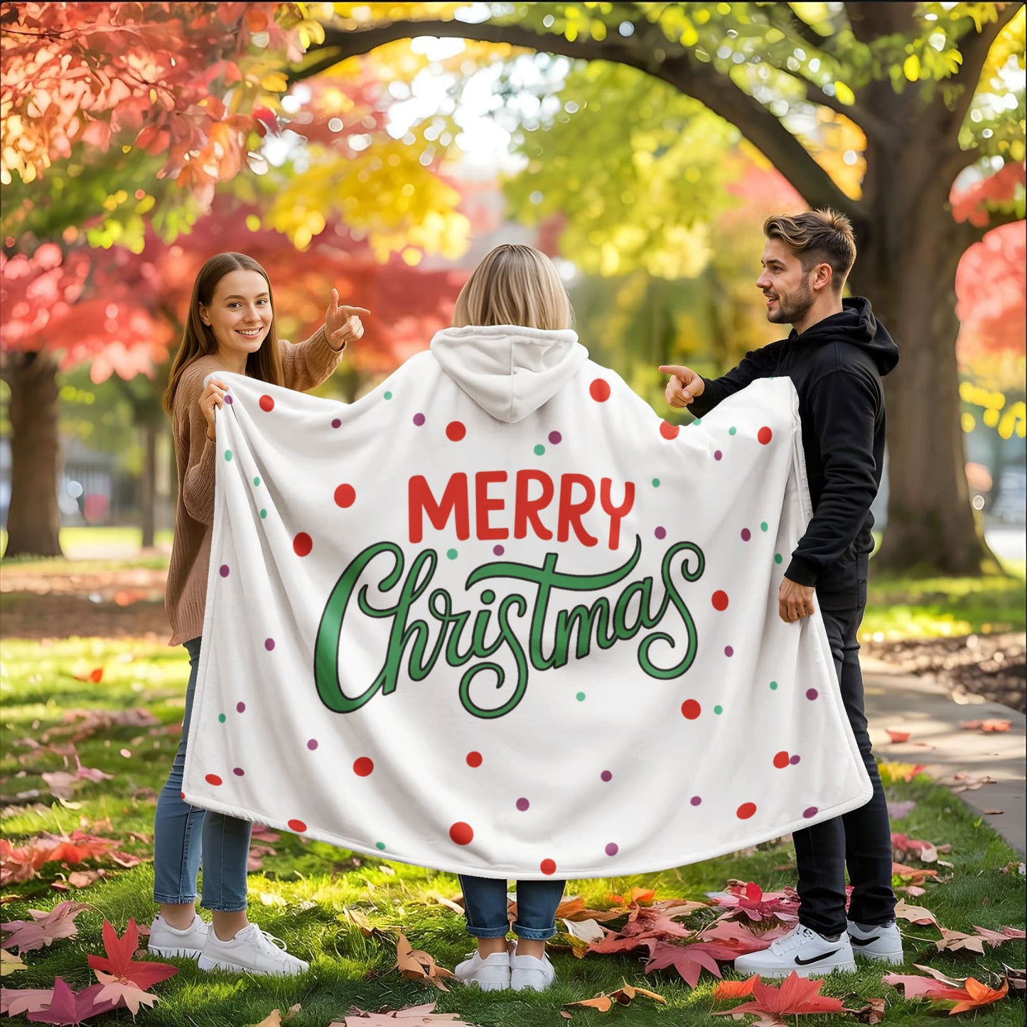 Merry Christmas Hooded Sherpa Fleece Blanket | Cozy Holiday Throw | Christmas Polka Dot Blanket