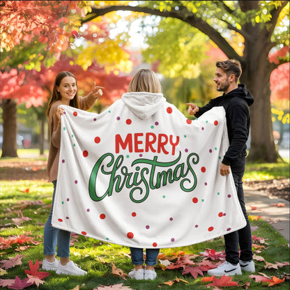 Merry Christmas Hooded Sherpa Fleece Blanket | Cozy Holiday Throw | Christmas Polka Dot Blanket