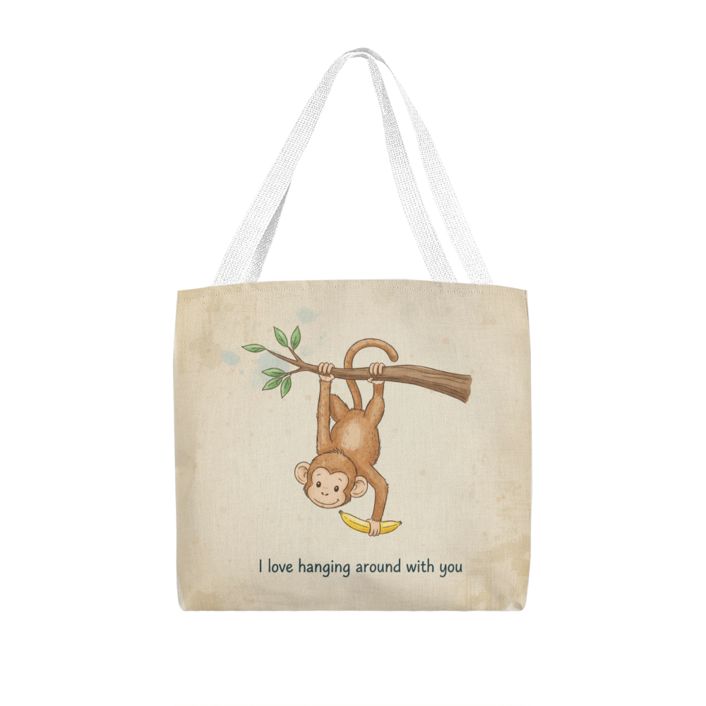Cute Monkey Tote Bag – I Love Hanging Around With You | Adorable Pun Gift for Kids, Friends & Loved Ones