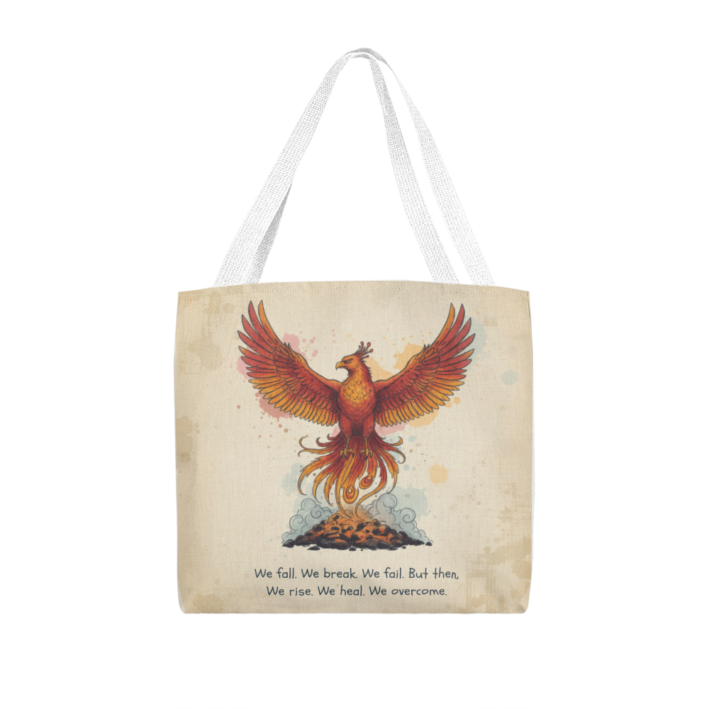 Phoenix Rise Tote Bag – Inspirational We Rise We Heal We Overcome Quote | Strength, Healing & Resilience Gift
