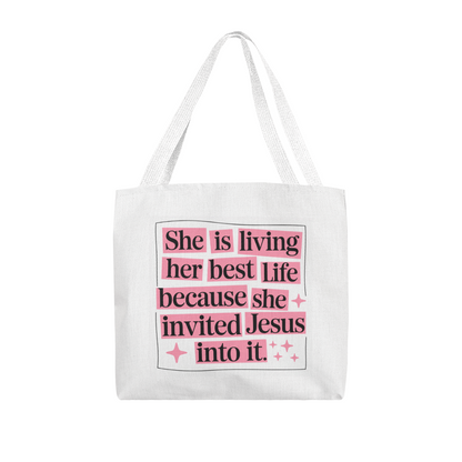 She Is Living Her Best Life” Christian Quote Tote Bag – Faith & Inspiration Carryall