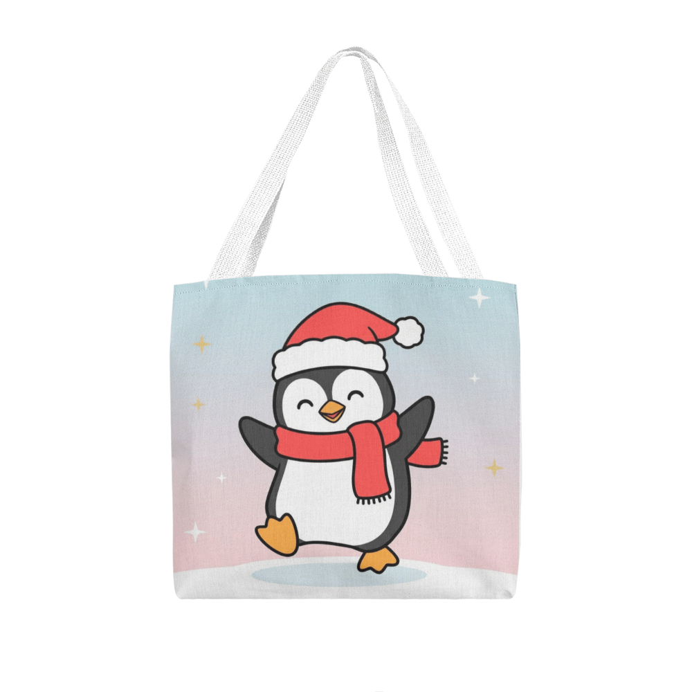 Cute Christmas Penguin Tote Bag | Festive Holiday Shopper & Gift Bag