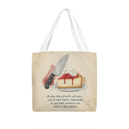 Funny Cheesecake Tote Bag – Humorous Knife & Dessert Quote Gift for Food Lovers, Bakers & Sarcastic Friends
