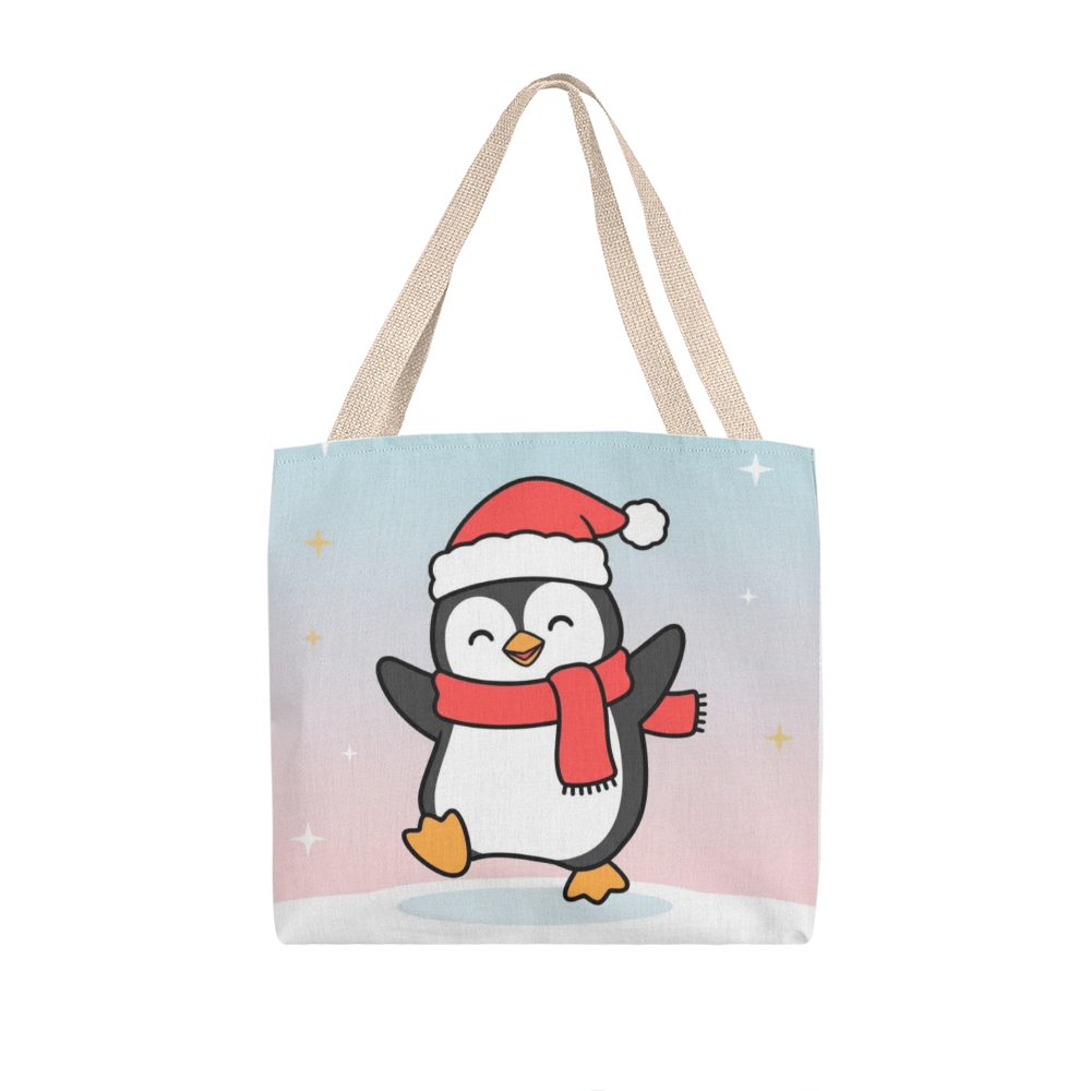 Cute Christmas Penguin Tote Bag | Festive Holiday Shopper & Gift Bag