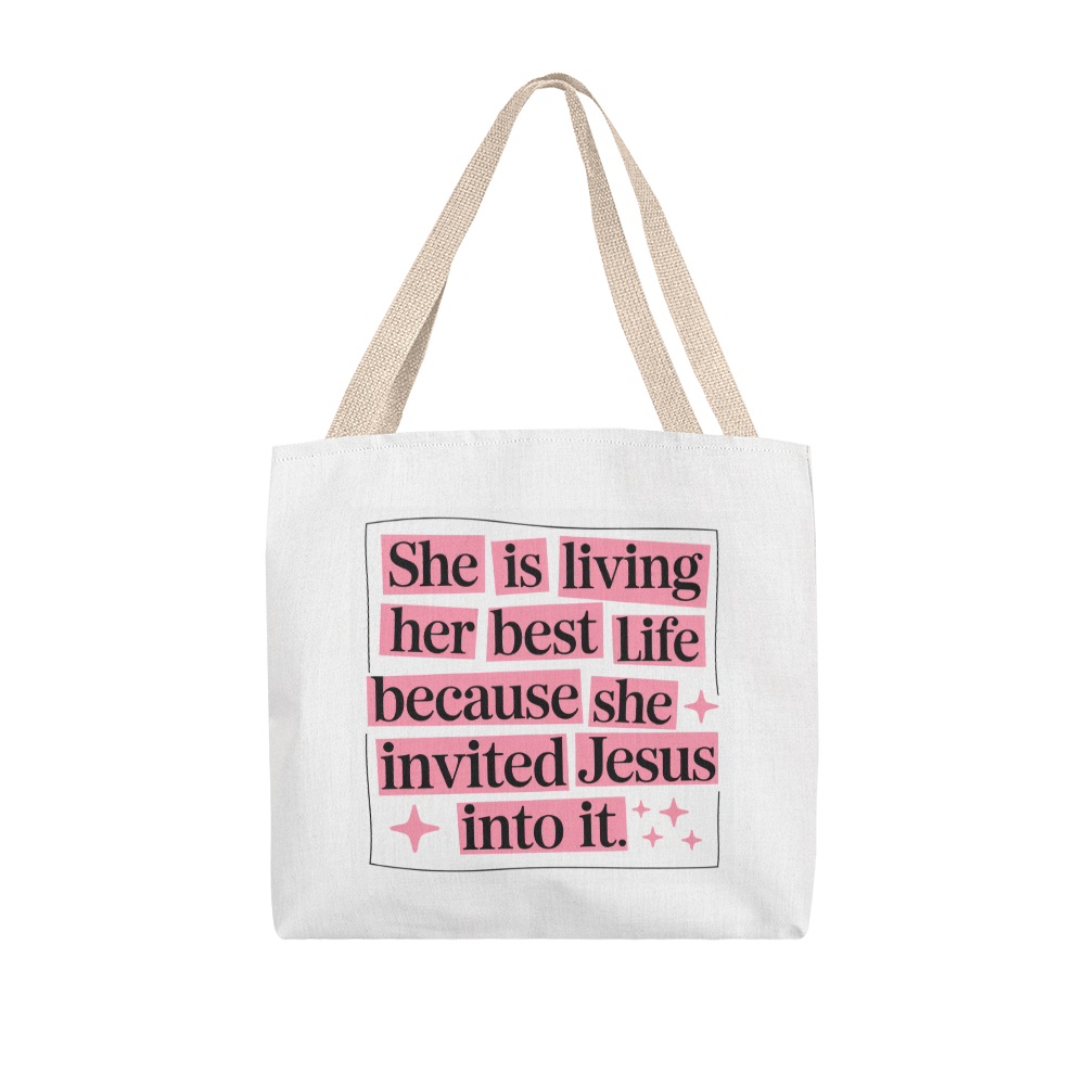 She Is Living Her Best Life” Christian Quote Tote Bag – Faith & Inspiration Carryall